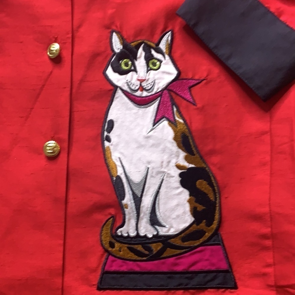 Vintage Bob Mackie silk pattern cat shirt jacket matching tank plus size 2X red - Picture 9 of 10